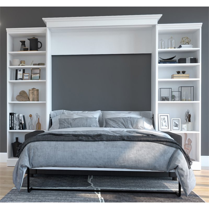 Atlin Designs Wood Queen Murphy Bed with Sofa & Organizers in White/Gray