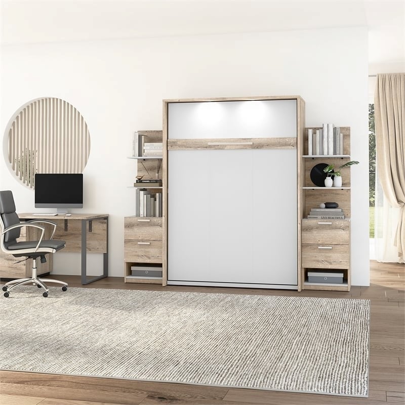 Atlin Designs Modern Wood Full Murphy Bed with Nightstands in Rustic Brown/White