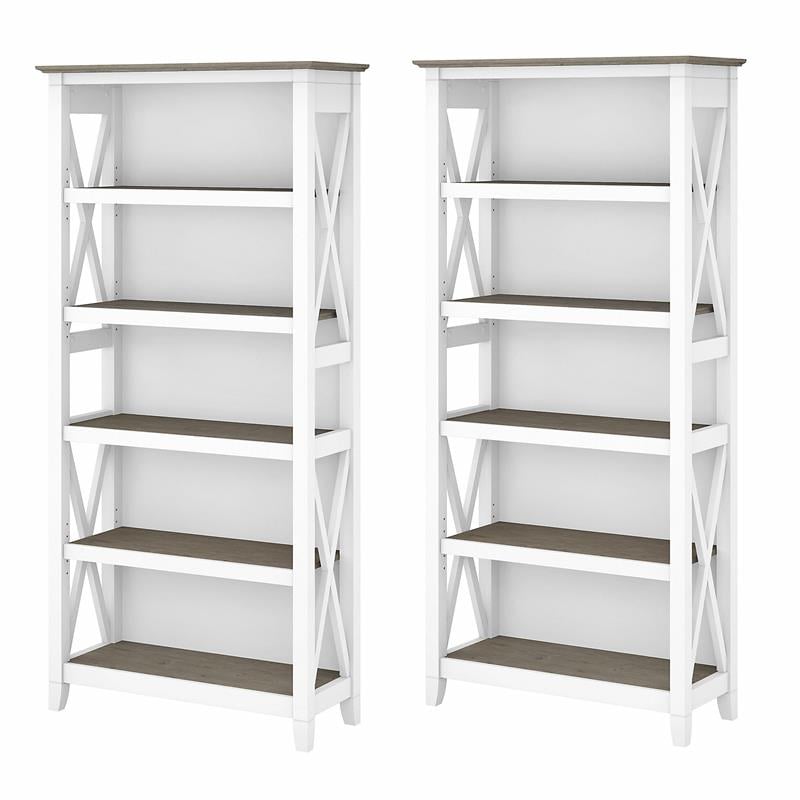 Atlin Designs 5 Shelf Modern Wood Bookcase Set in Shiplap Gray/White