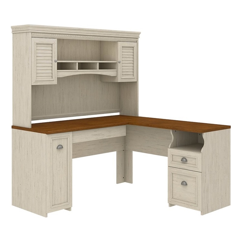 Atlin Designs Farmhouse Wood L Shaped Desk with Hutch in Antique White/Maple