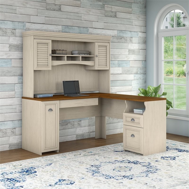Atlin Designs Farmhouse Wood L Shaped Desk with Hutch in Antique White/Maple