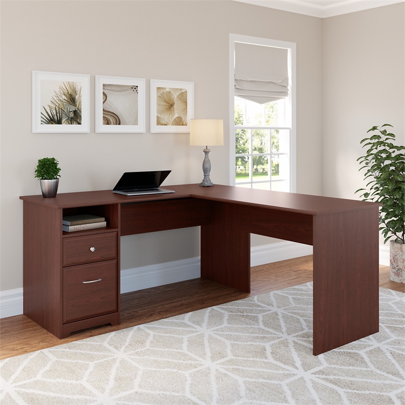 Atlin Designs 60W L Shaped Computer Desk with Drawers in Harvest Cherry