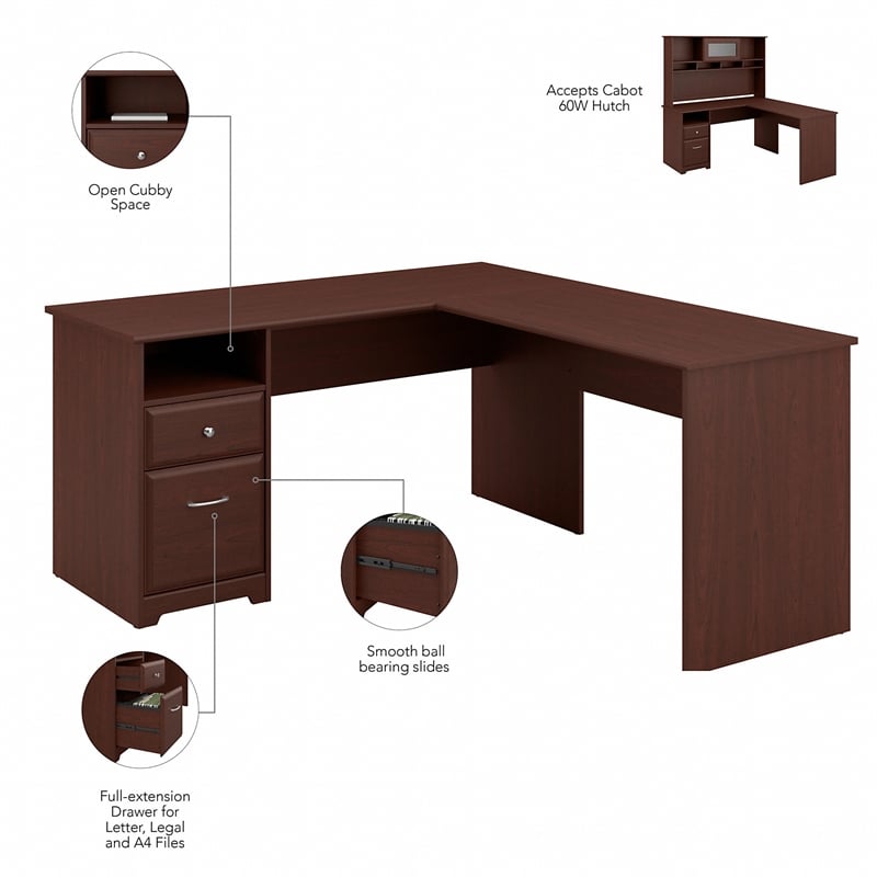 Atlin Designs 60W L Shaped Computer Desk with Drawers in Harvest Cherry