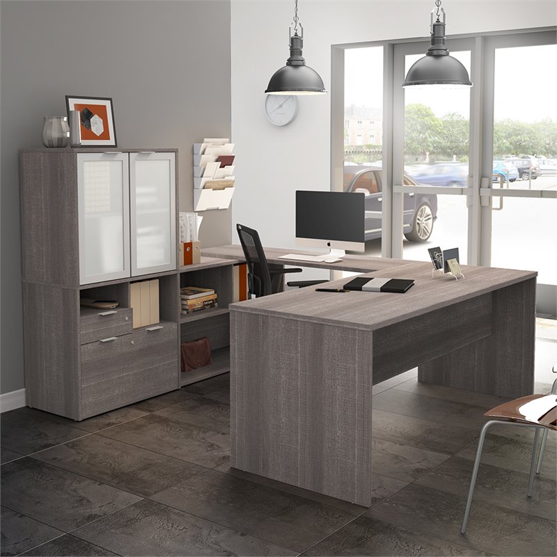 Atlin Designs Melamine Bark Gray Computer Desk U Shape Fully Reversible 71.1