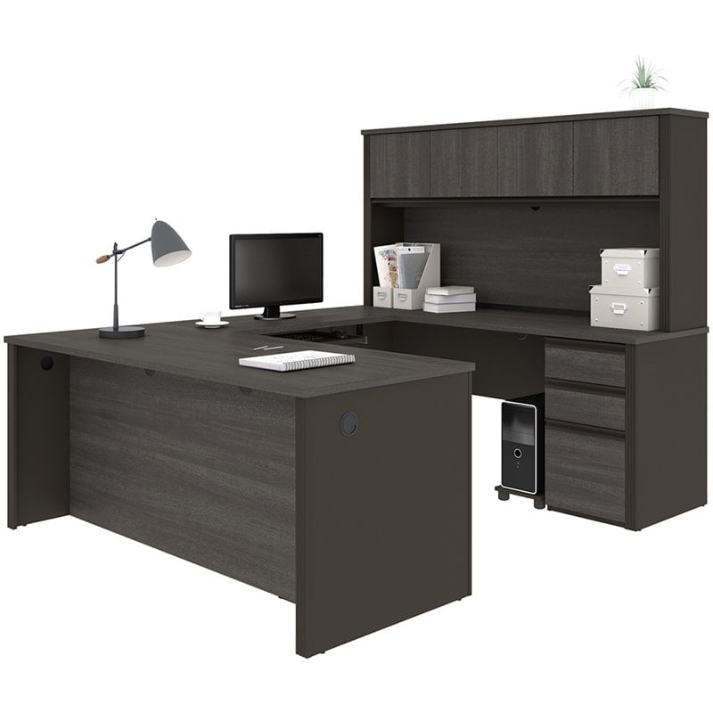 Atlin Designs 6 Piece U Shaped Computer Desk with Hutch in Bark Gray