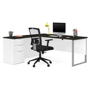 Atlin Designs L Desk with Metal Leg in White and Deep Gray