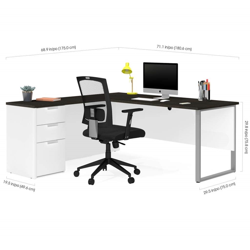 Atlin Designs L Desk with Metal Leg in White and Deep Gray