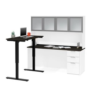 atlin designs adjustable l desk with hutch in deep gray and white