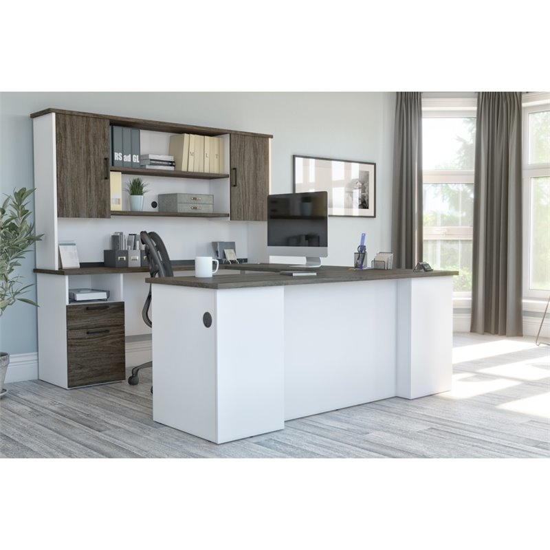 Atlin Designs Transitional Wood U Shaped Computer Desk with Hutch in Gray/White