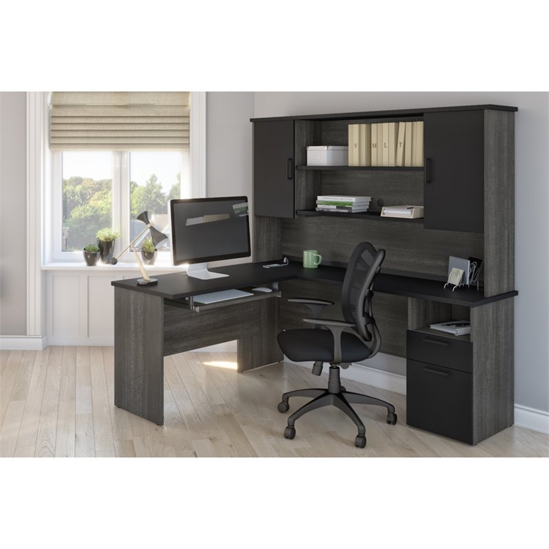 Atlin Designs L Shaped Computer Desk with Hutch in Black and Bark Gray