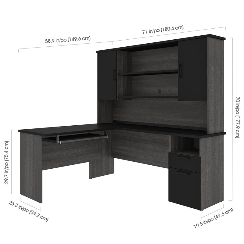 Atlin Designs L Shaped Computer Desk with Hutch in Black and Bark Gray