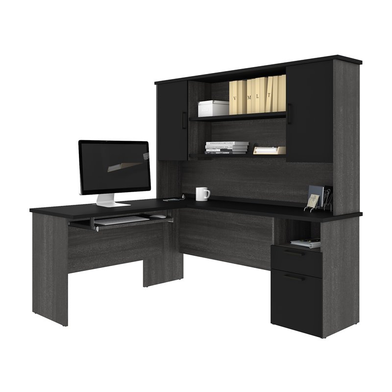 Atlin Designs L Shaped Computer Desk with Hutch in Black and Bark Gray