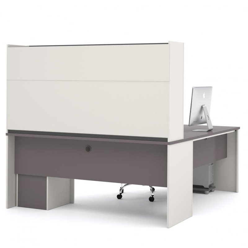 Atlin Designs L-Shape Wood Computer Desk with Hutch in Sandstone and Slate