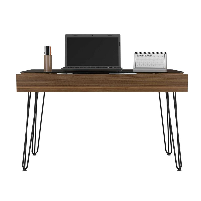 Atlin Designs Modern Wood Desk with Abstract Steel Legs in Mahogany