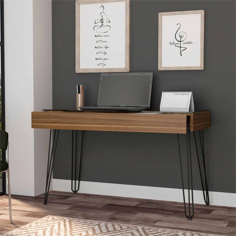 Atlin Designs Modern Wood Desk with Abstract Steel Legs in Mahogany