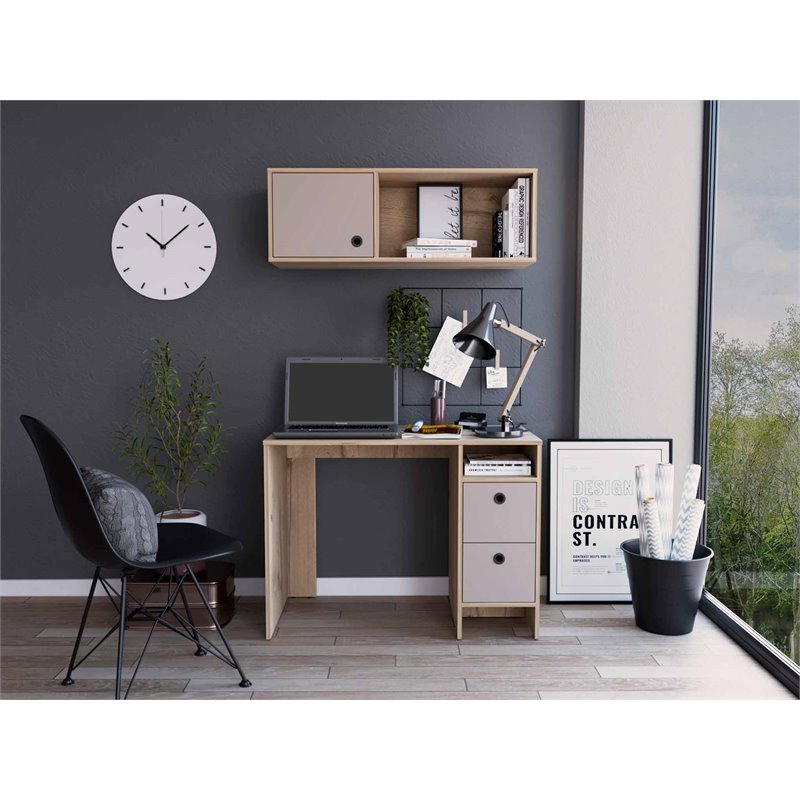 Atlin Designs 3-Drawer Modern Wood Office Desk Set in Light Oak/Taupe