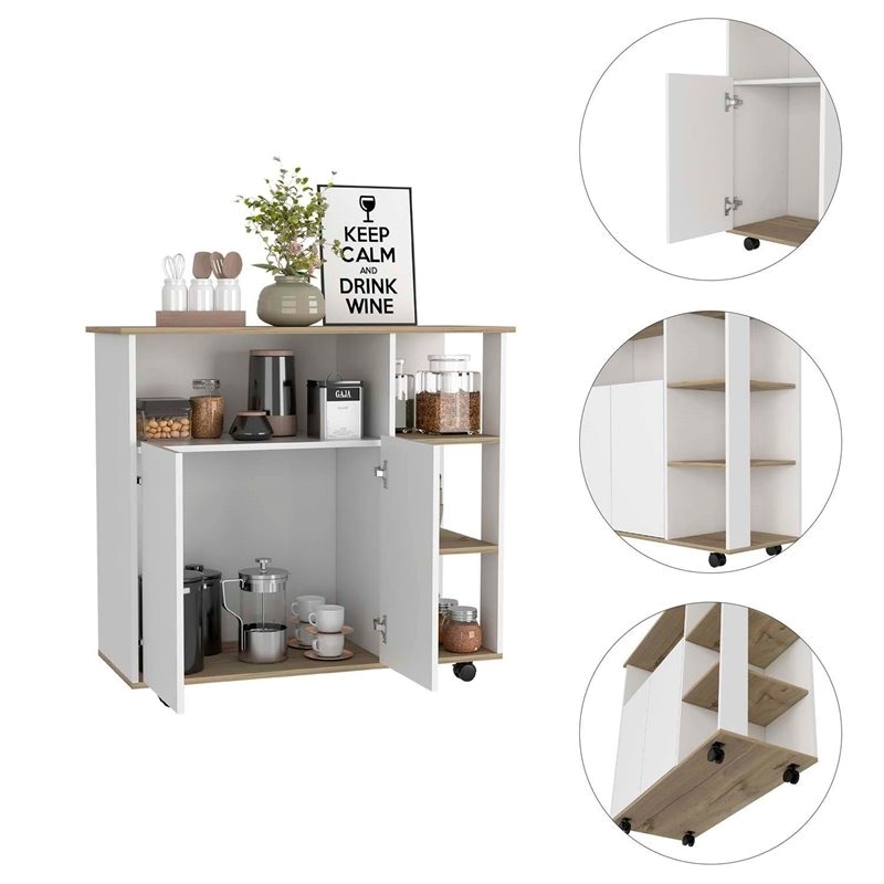 Atlin Designs Modern Wood Kitchen Island with 4 Open Shelves in Light Oak/White