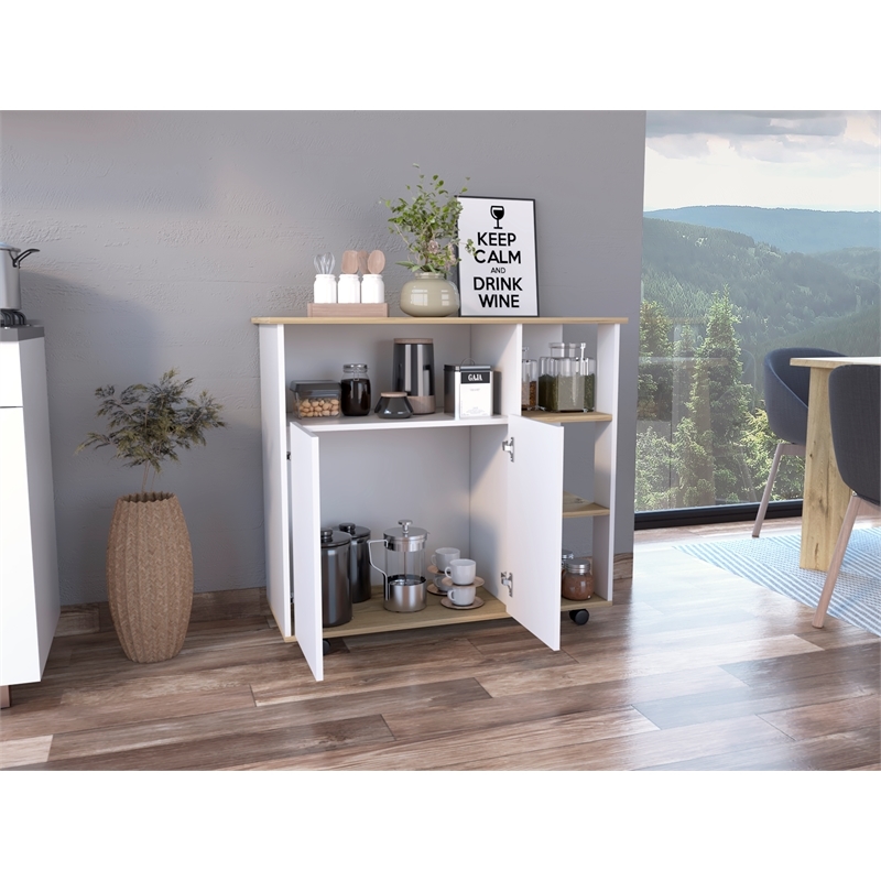 Atlin Designs Modern Wood Kitchen Island with 4 Open Shelves in Light Oak/White