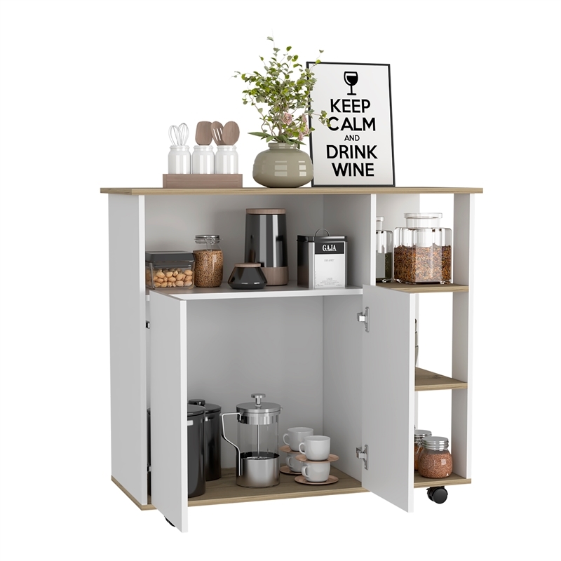 Atlin Designs Modern Wood Kitchen Island with 4 Open Shelves in Light Oak/White