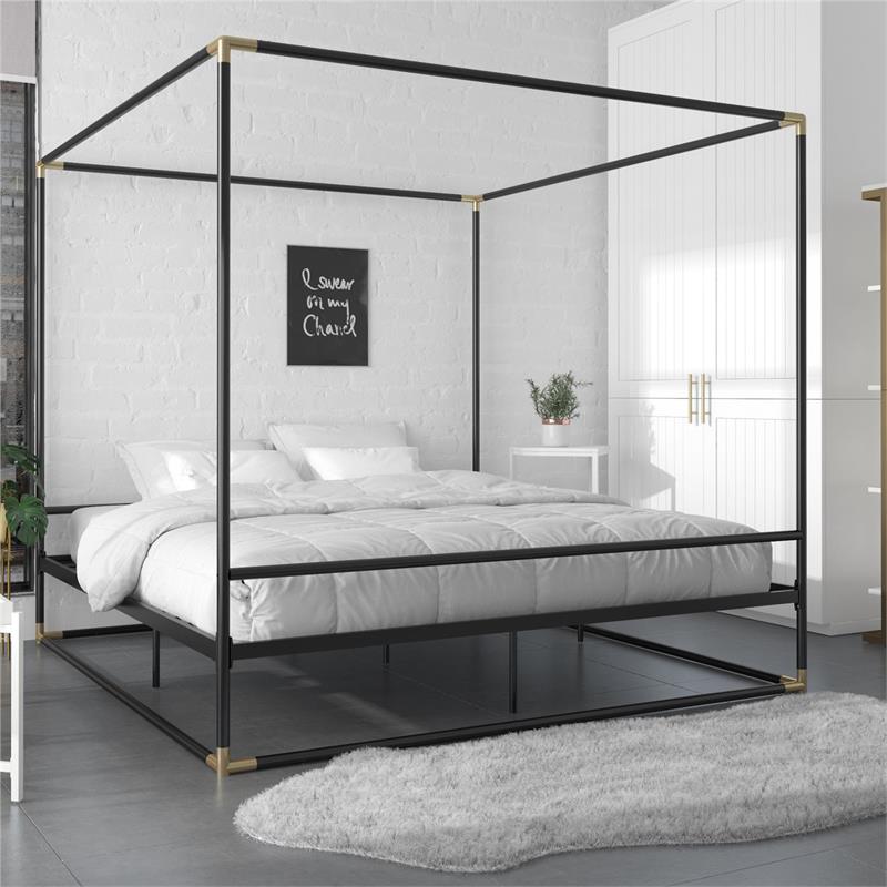 Atlin Designs Modern Canopy Metal Bed King Size Frame in Black/Gold