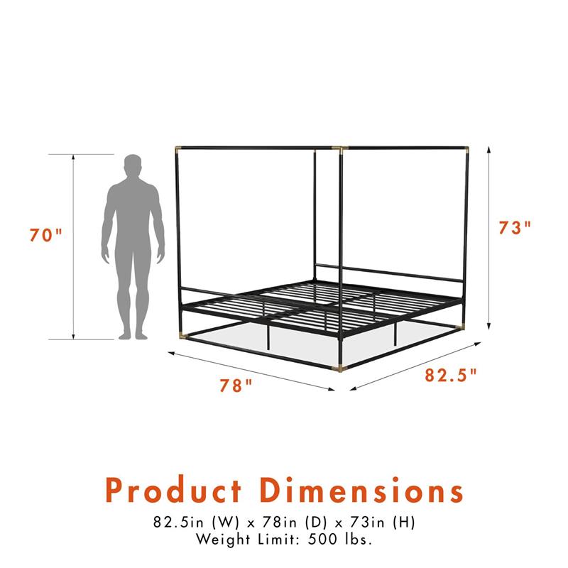 Atlin Designs Modern Canopy Metal Bed King Size Frame in Black/Gold