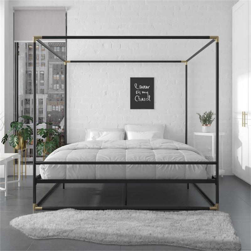 Atlin Designs Modern Canopy Metal Bed King Size Frame in Black/Gold