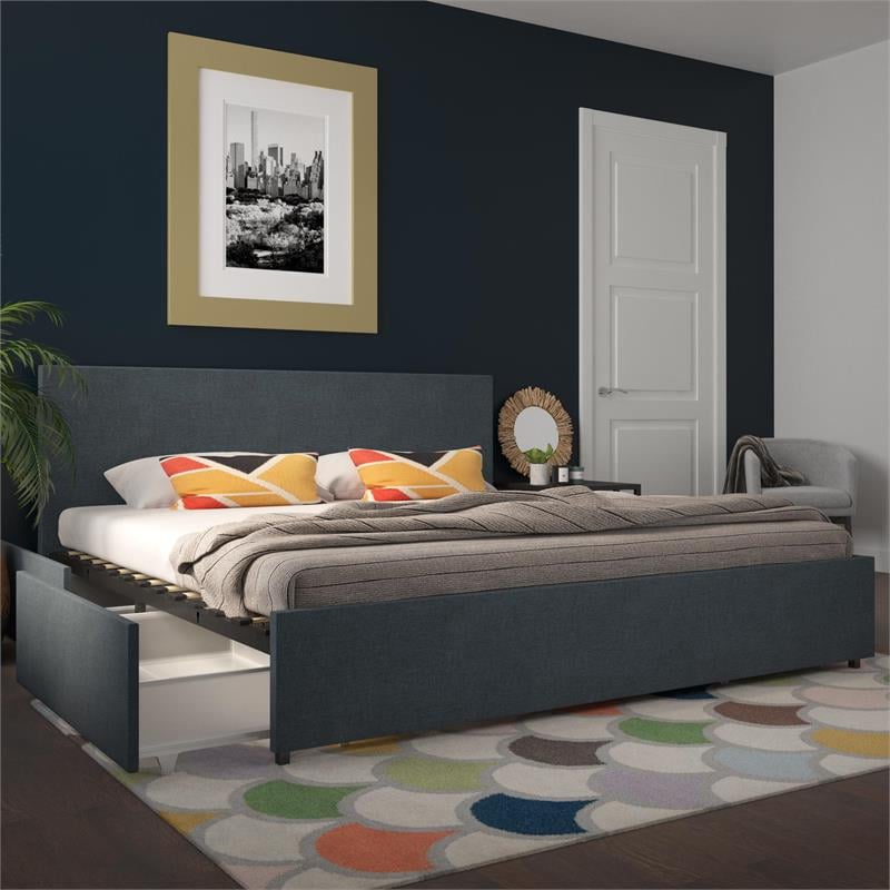 Atlin Designs Modern King Upholstered Bed with Storage in Navy Linen