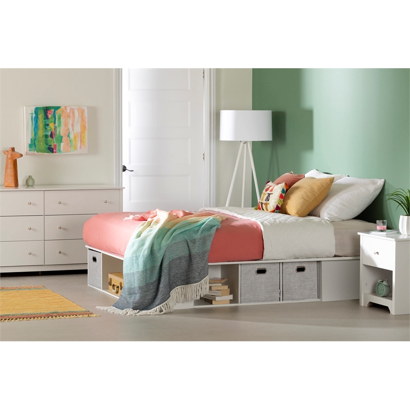 Atlin Designs Modern Wood Queen Bed with Storage and Baskets in White