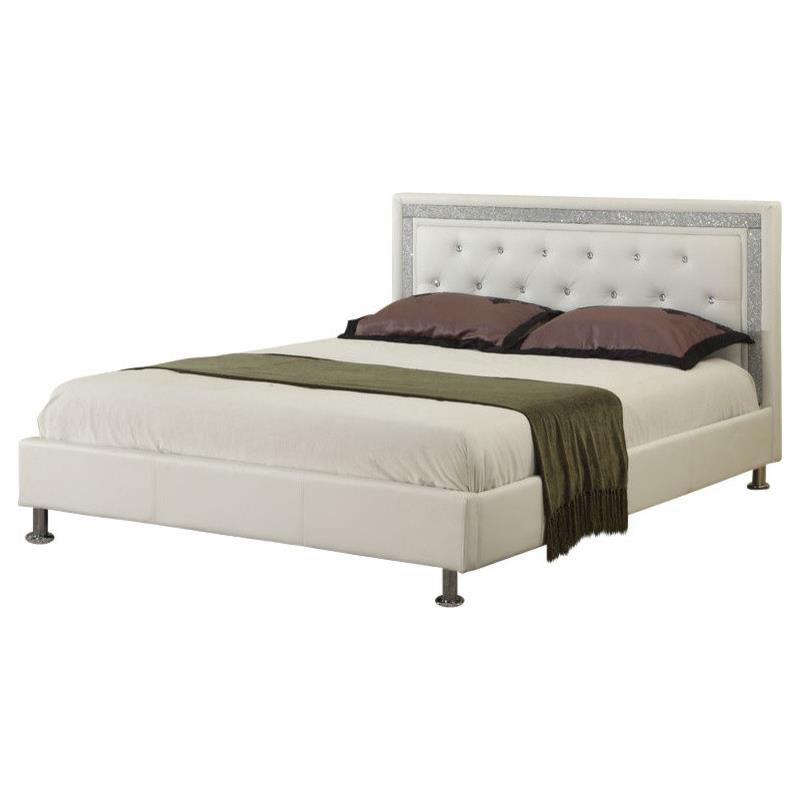 Atlin Designs Modern Faux Leather Queen Bed with Crystal Tufted Buttons in White