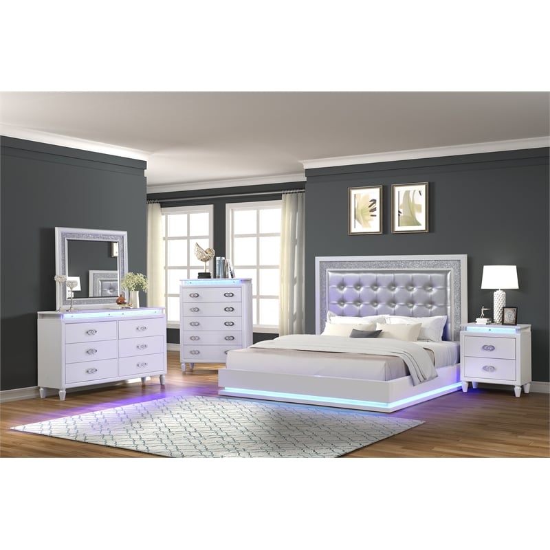 Atlin Designs Passion LED Queen Bed Made with Wood in Milky White