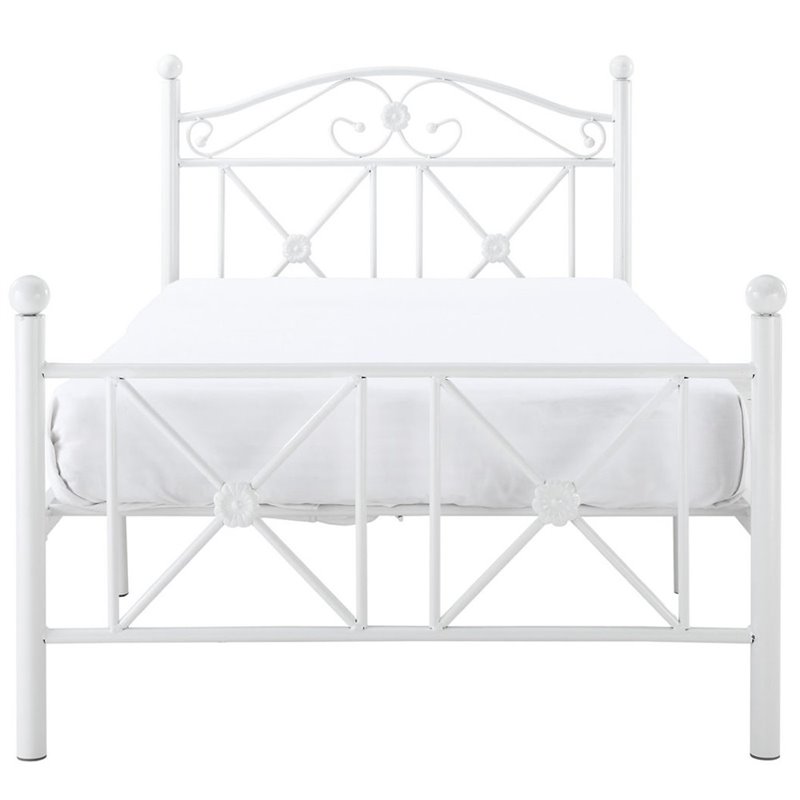 Farmhouse Metal Twin Bed with Lattice Work Header in White