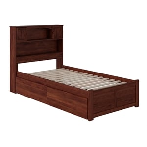 Solid Wood Wood Twin XL Storage Bookcase Bed in Walnut Brown