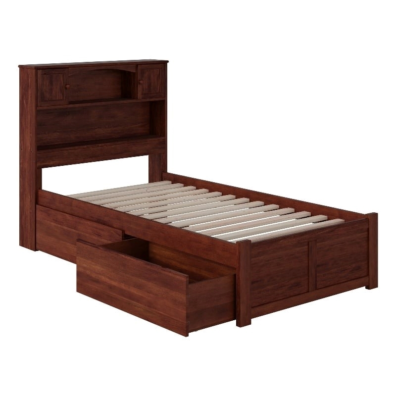 Solid Wood Wood Twin XL Storage Bookcase Bed in Walnut Brown