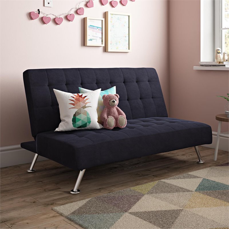 Tufted Sleeper Sofa in Dark Blue and Chrome