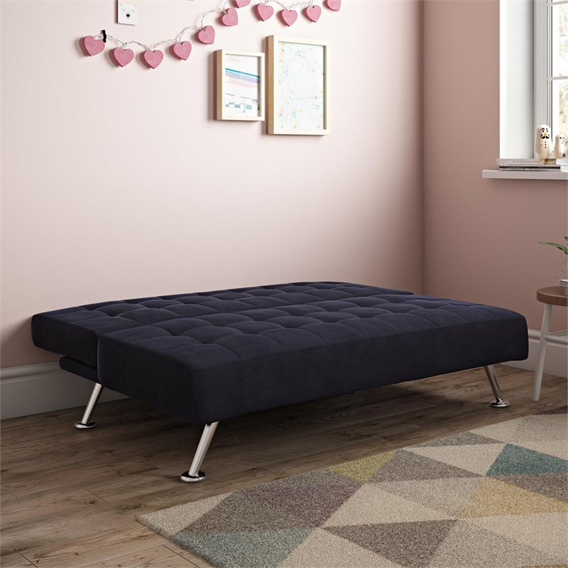 Tufted Sleeper Sofa in Dark Blue and Chrome