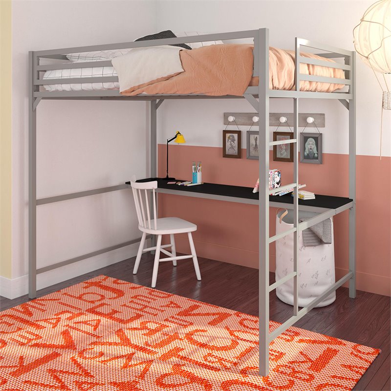 Rosebery Kids Full Metal Loft Bed with Desk in Silver