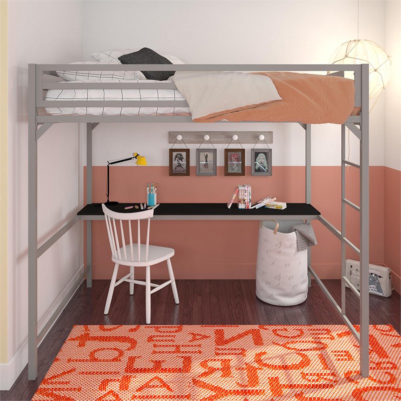 Rosebery Kids Full Metal Loft Bed with Desk in Silver