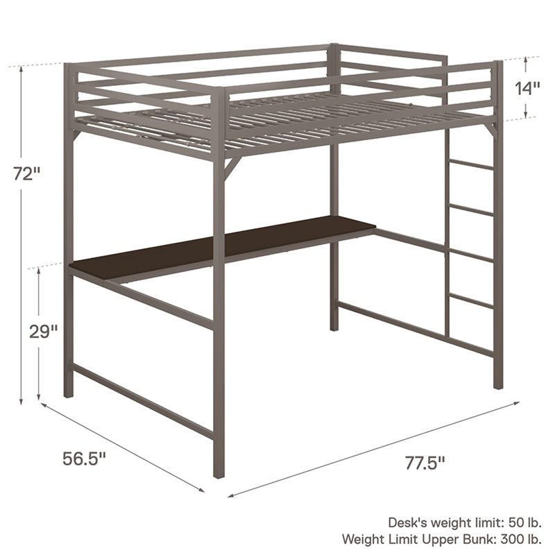 Rosebery Kids Full Metal Loft Bed with Desk in Silver