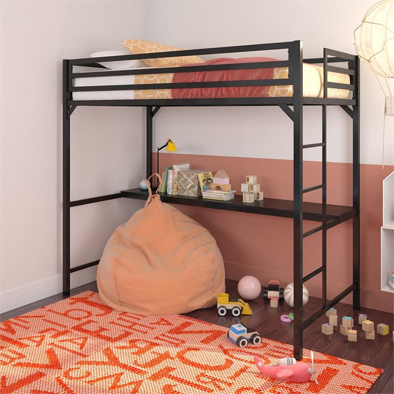 Rosebery Kids Twin Metal Loft Bed with Desk in Black