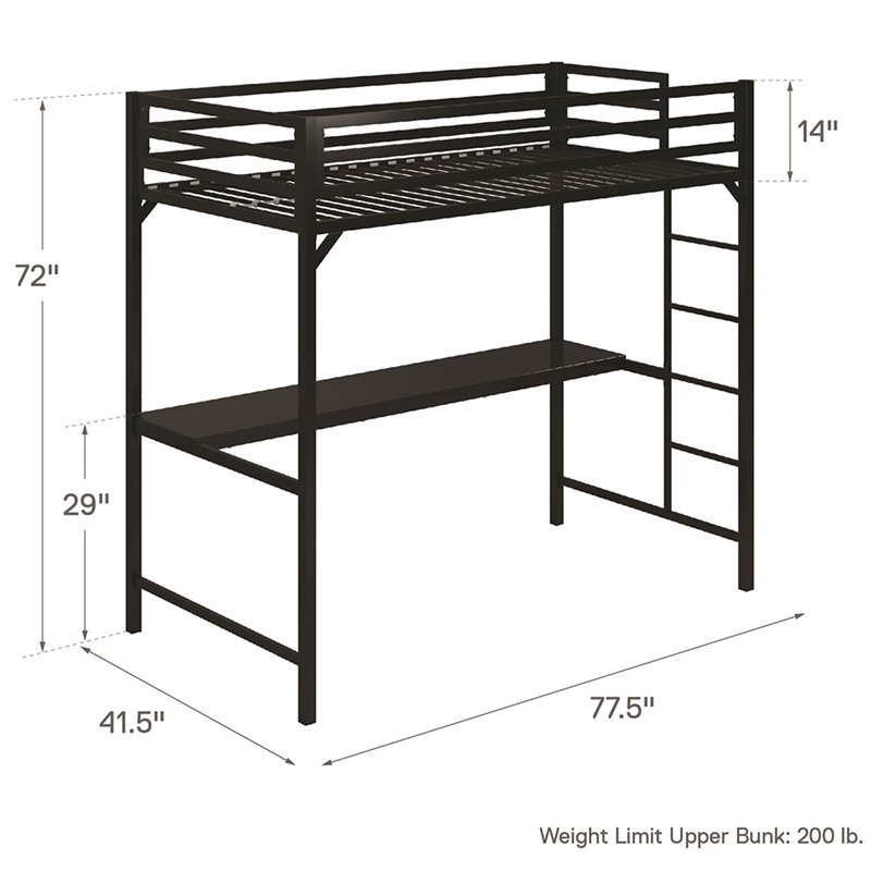 Rosebery Kids Twin Metal Loft Bed with Desk in Black