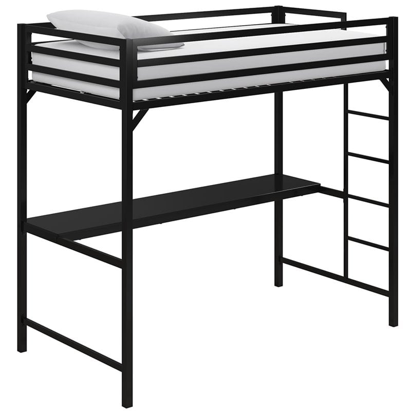 Rosebery Kids Twin Metal Loft Bed with Desk in Black