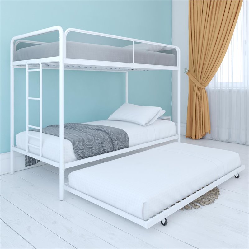 Rosebery Kids Twin Over Twin Metal Bunk Bed with Trundle in White