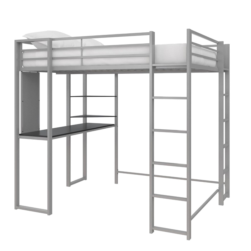 Rosebery Kids Full Metal Loft Bed with Desk in Silver and Black
