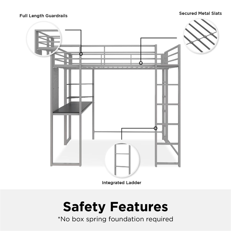 Rosebery Kids Full Metal Loft Bed with Desk in Silver and Black