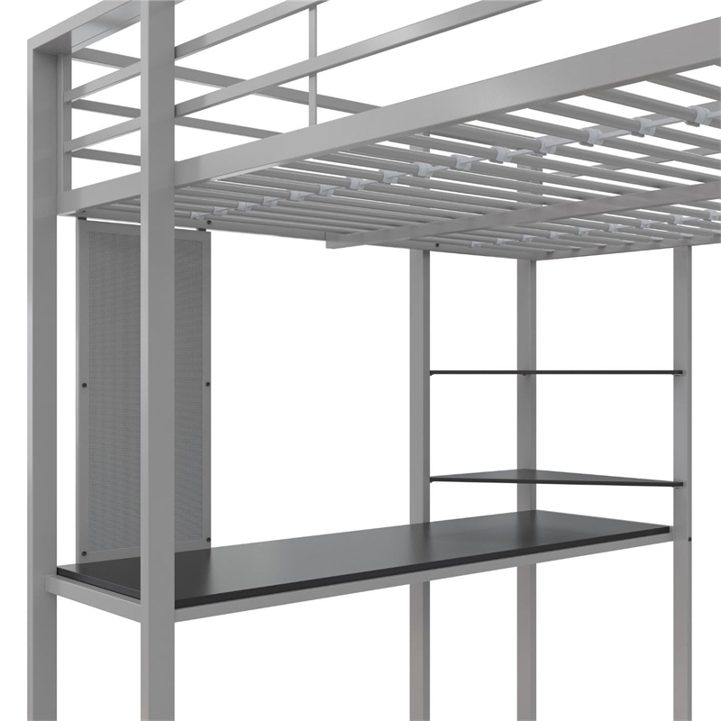 Rosebery Kids Full Metal Loft Bed with Desk in Silver and Black