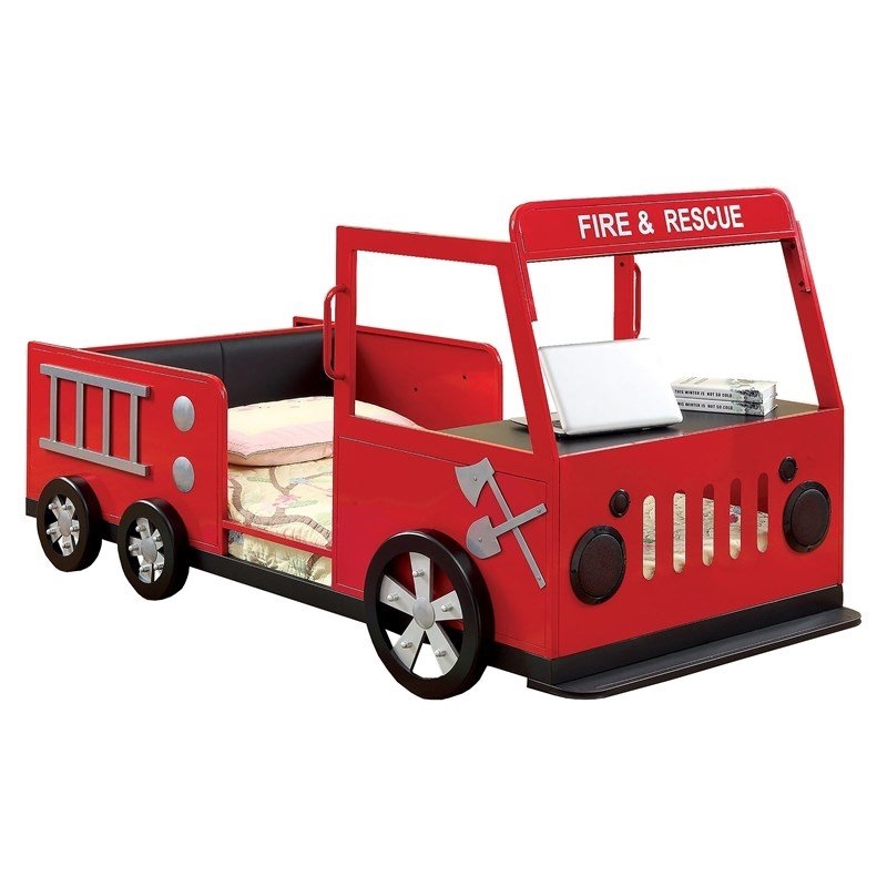 Rosebery Kids Modern Metal Novelty Twin Fire Truck Bed in Red