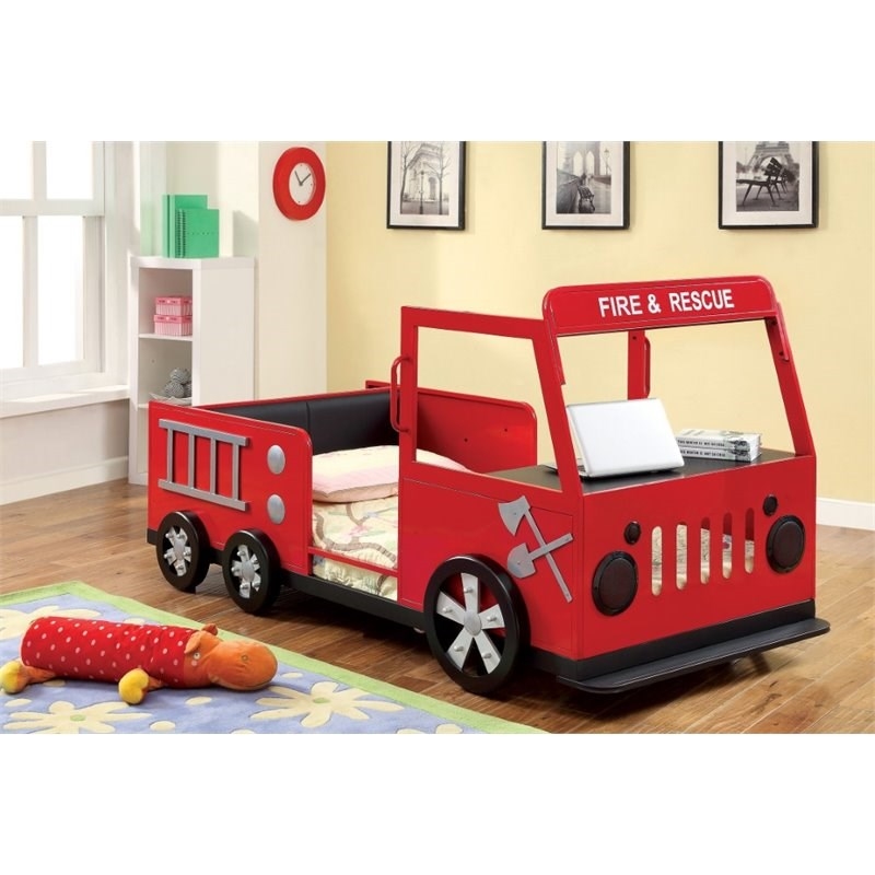 Rosebery Kids Modern Metal Novelty Twin Fire Truck Bed in Red