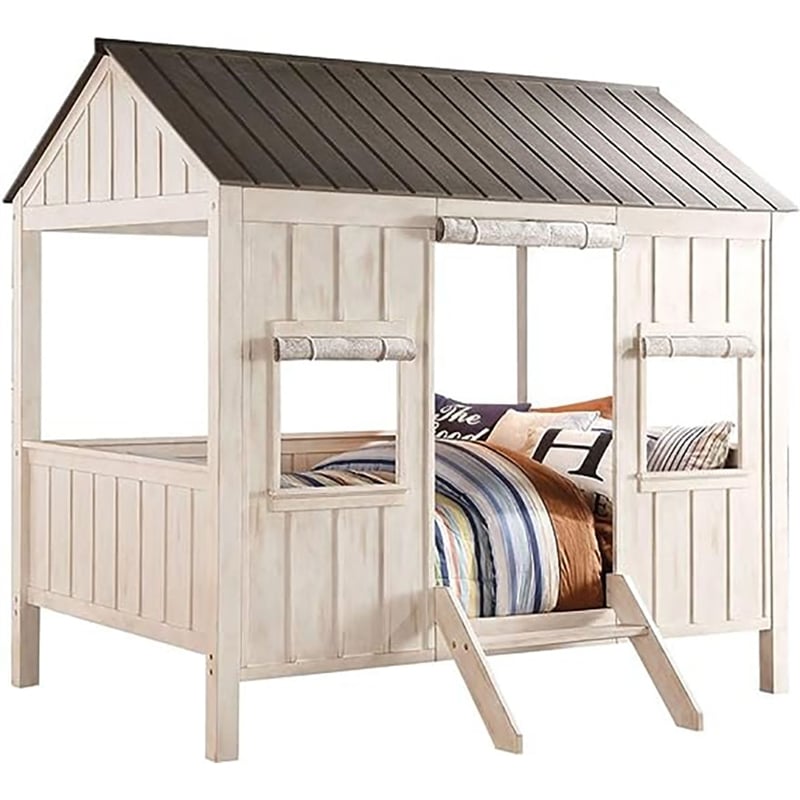 Rosebery Kids Contemporary Wood Full Bed in Weathered White/Washed Gray