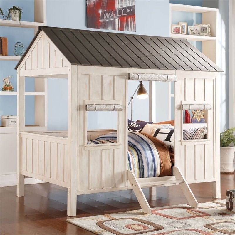 Rosebery Kids Contemporary Wood Full Bed in Weathered White/Washed Gray