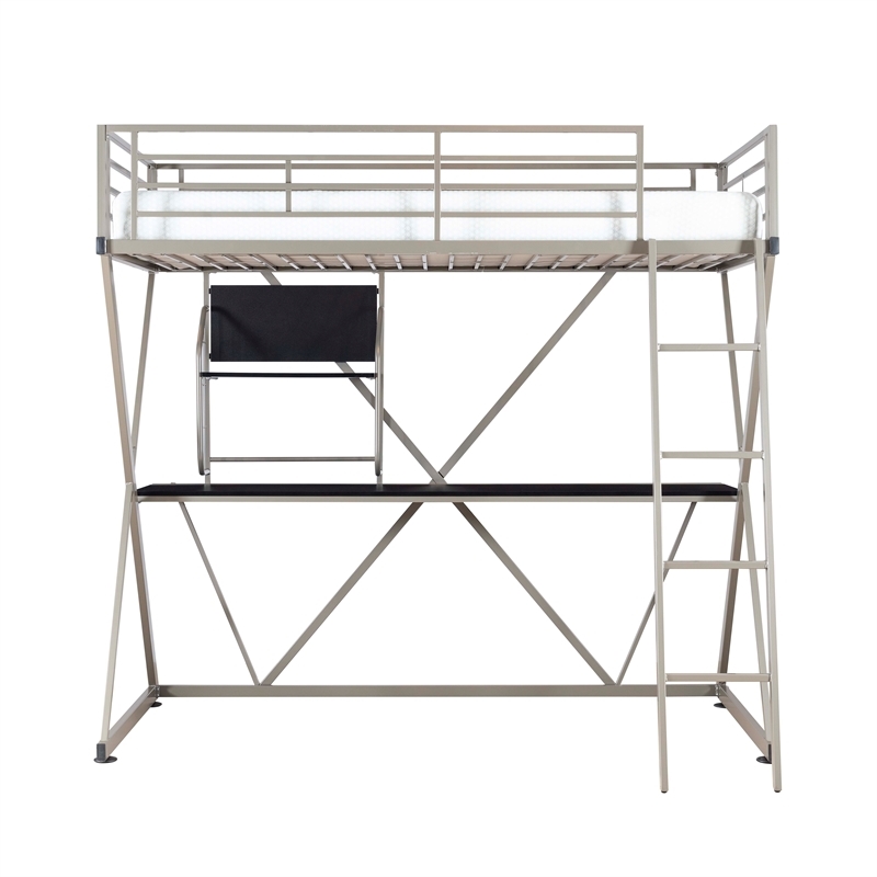 Rosebery Kids Metal Student Loft Twin Bed Lower Desk Unit in Pewter